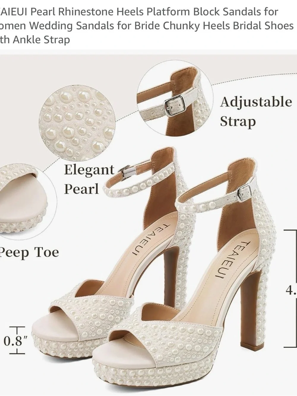 Pearl-Embellished Cream Platform Block Heels with Ankle Strap